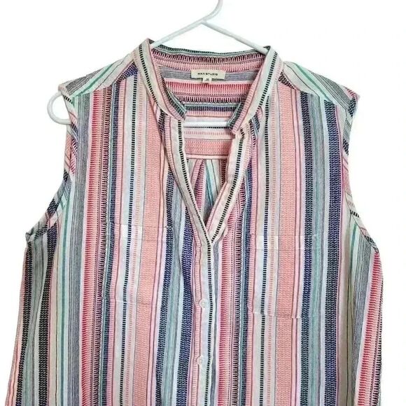 Max Studio Women's White/Pink/Navy/Aqua Striped Cotton Sleeveless Button Down To - Picture 2 of 11